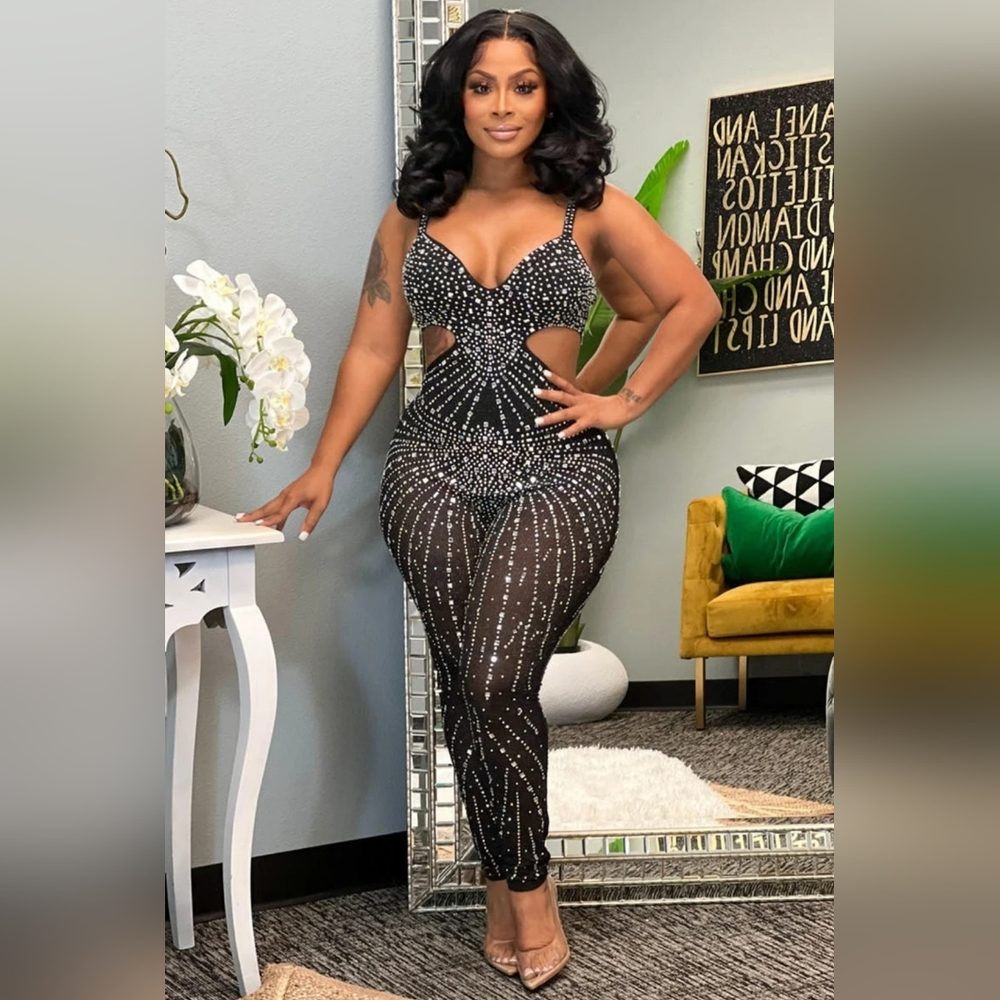 RHINESTONE SEE-THROUGH CUTOUT CAMI V NECK PARTY JUMPSUIT